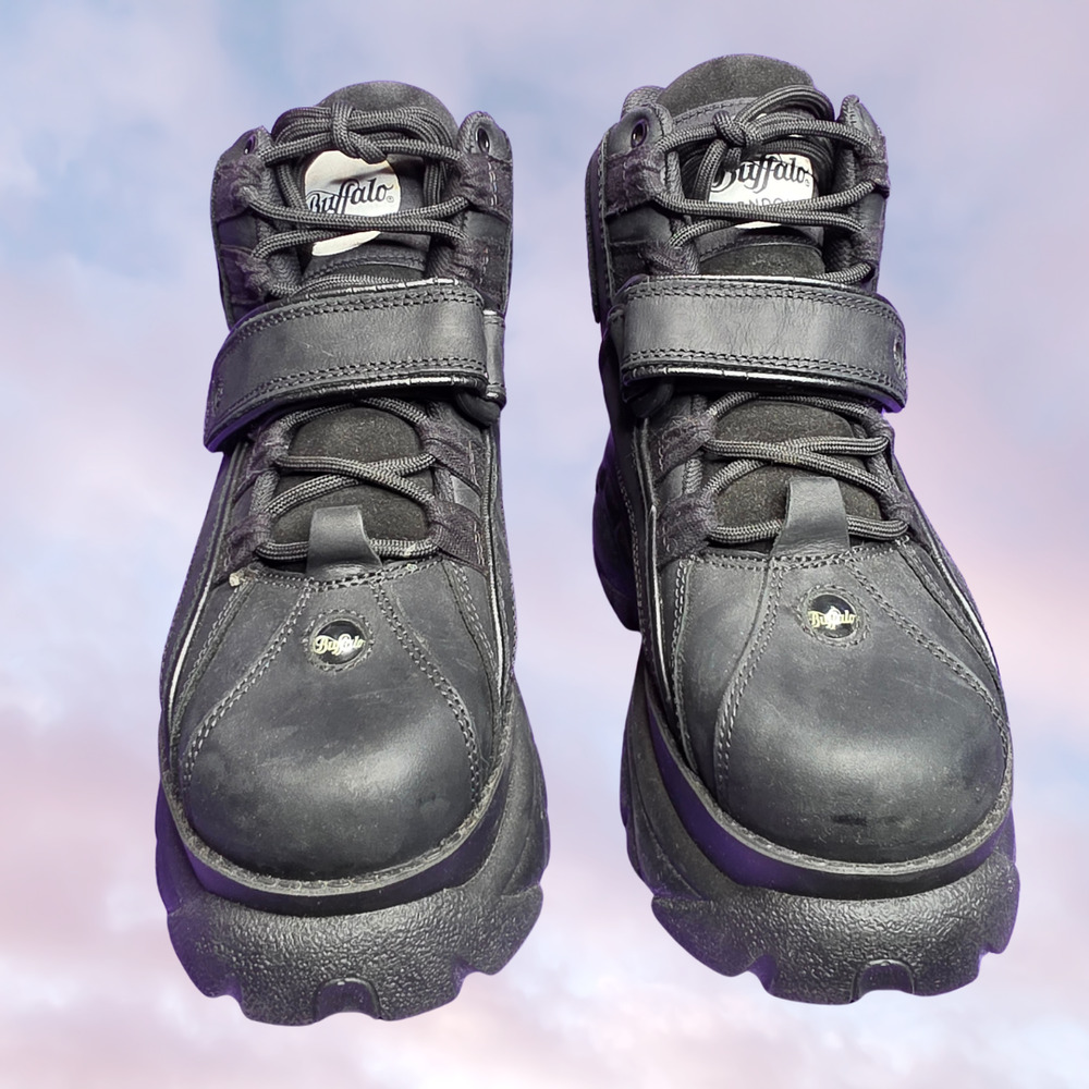 Vtg 90s Buffalo London Black Leather Platform Chunky High Gothic Sneaker 38 - Picture 2 of 7